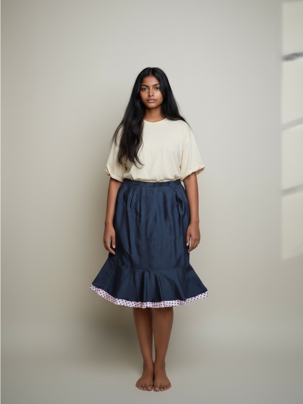 Blue Knee-Length Ruffled Trumpet Skirt